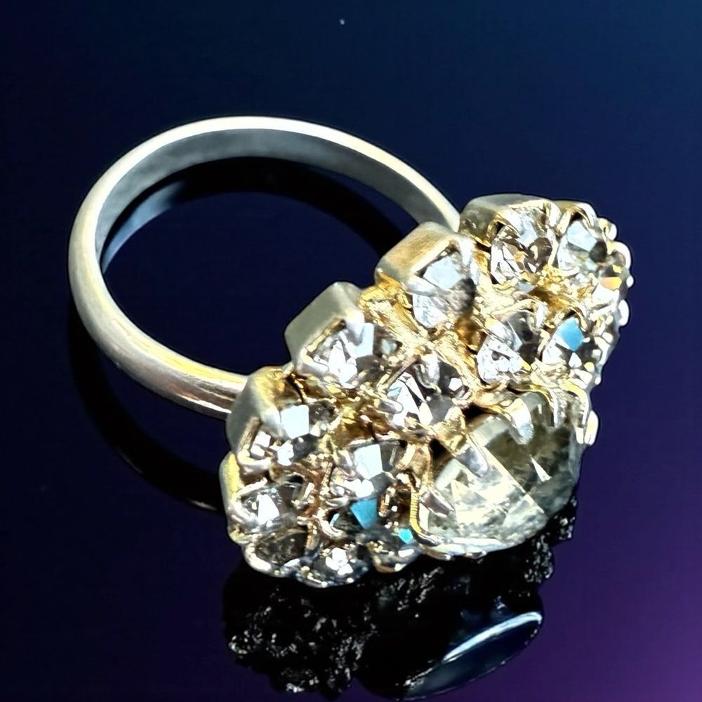 VINTAGE ADJUSTABLE SILVER RING WITH LARGE ROUND CRYSTAL CLUSTER – STATEMENT JEW